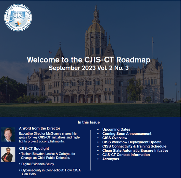 An image of the front page of the September 2023 CJIS-CT Quarterly Roadmap Newsletter.