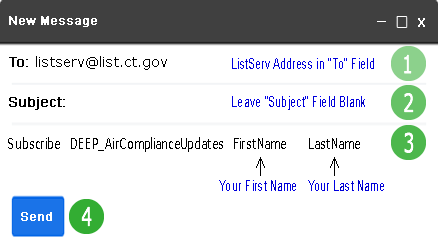 Image of a subscription email for DEEP Air Compliance Updates Listserv