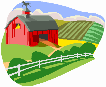 red barn with a weathervane and green pastures