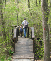 Hikers on a state trail bridge
