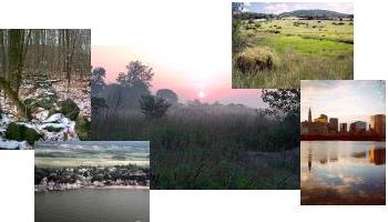 Photo collage of scenes from Connecticut's landscape including Hartford skyline, fields, and shoreline development.