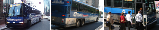Photos of a CTTRANSIT Express Bus in Hartford and passengers boarding an express bus