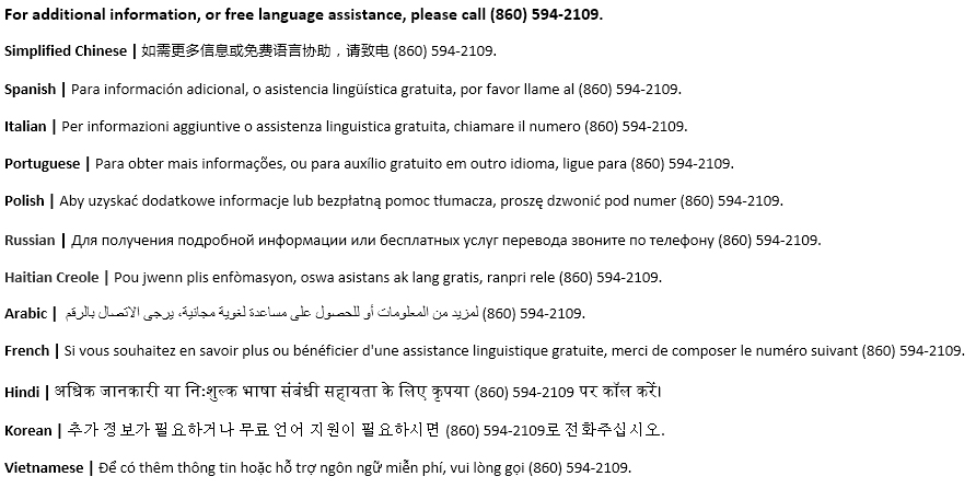 Image of language assistance information. For information in other languages call 860-594-2109