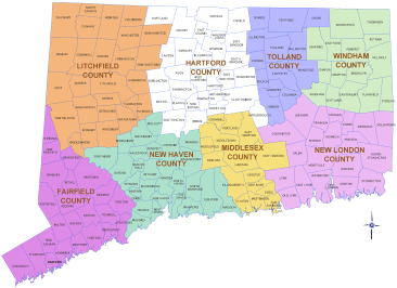 Map of Connecticut by County and Town