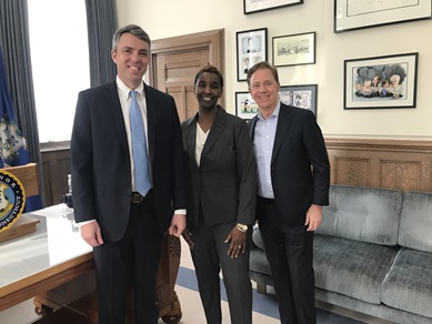 Pictured (l to r) DAS Commissioner Josh Geballe with the authority’s incoming CEO Andrea Barton Reeves and Governor Ned Lamont (right). 
