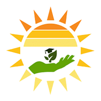 Sun Scholars Logo, a green hand holding a small leaf with a graduation cap inside an orange and yellow sun