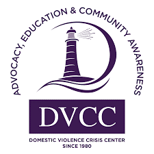 Logo for the Domestic Violence Crisis Center, a purple lighthouse with the text "Advocacy, Education, and Community Awareness"