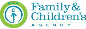 Family and Children's Agency appears in turquoise font with the FCA logo of a small child drawn in turquoise in a lime green circle