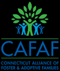 Text: "CAFAF: Connecticut Alliance of Foster and Adoptive Families" and the CAFAF logo, several human-shaped figures aligned to look like a tree in green, light blue, and dark blue on a black background
