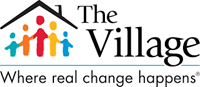 Logo for the Village, cartoon people under the house and reads "The Village: Where Real Change Happens."