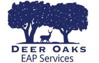 Logo for Deer Oaks EAP Service, a deer in front of oak trees.  The text and graphic are in navy blue.