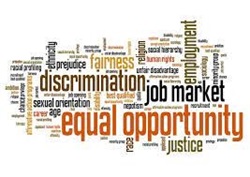 Word cloud of equal opportunity-related terms, such as "discrimination," "job market," and "fairness"