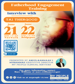 Ad for fatherhood engagement training from My People Clinical Services featuring an interview with Tai Thergood