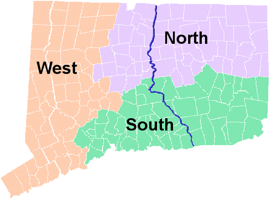 Connecticut Map with North, South and West Regions