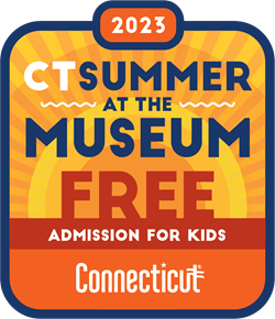 Bright yellow, orange, red, and blue logo for CT Summer at the Museum Free Admission for Kids 2023