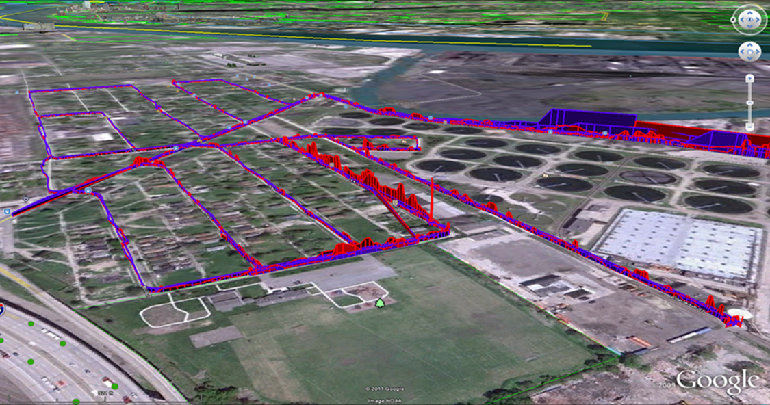 An image showing satellite imagery and air pollution monitoring visualized in 3D. 