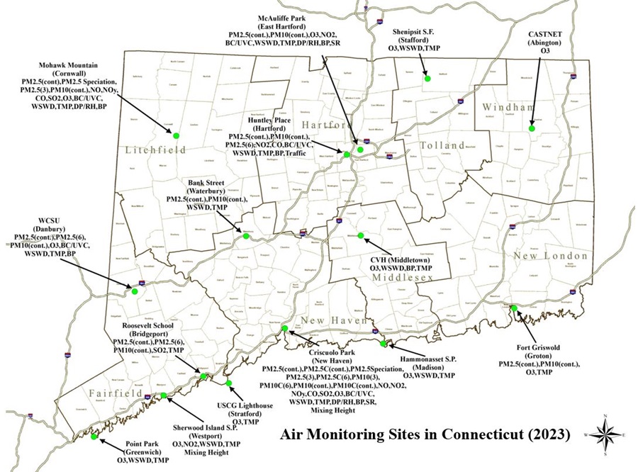 A map showing the locations of the 15 air monitoring stations in Connecticut.