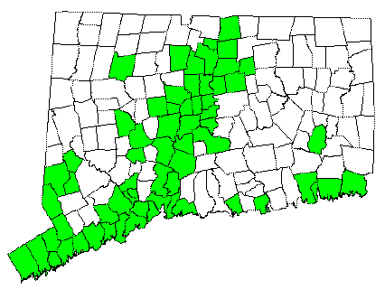 Map showing towns with greater than 20% urban land cover