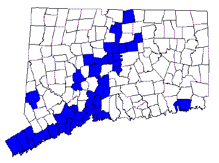 Map showing towns with greater than 30% urban land cover