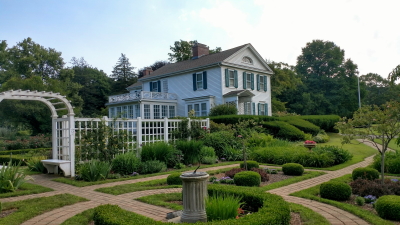 Photo of front garden, arbor, and side and front of Osborne Homestead Museum
