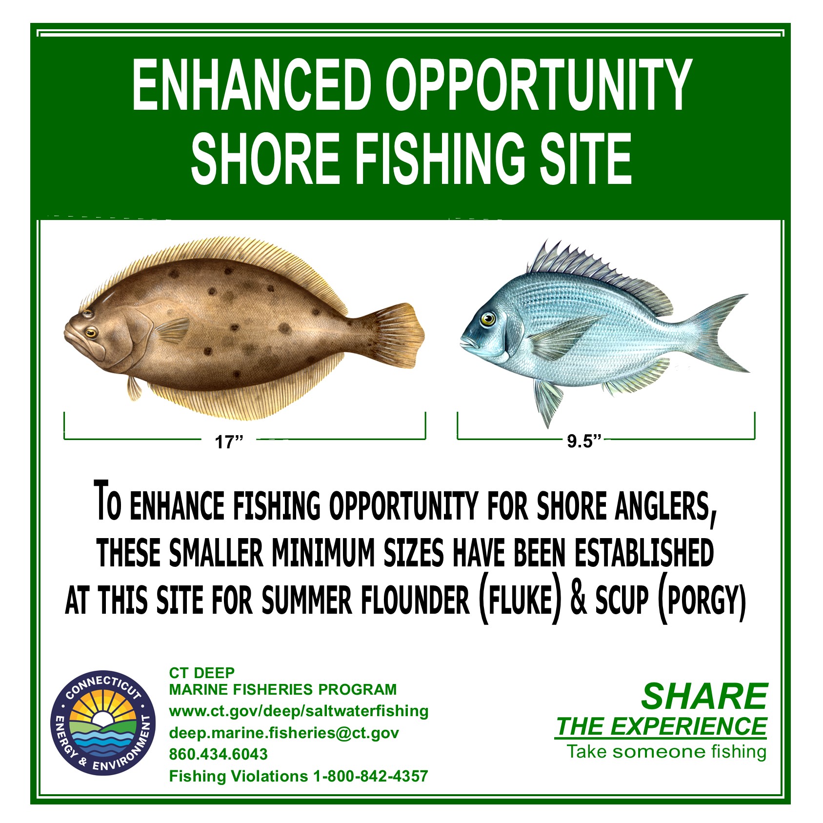 Sign for Enhanced Opportunity Shore Fishing Site that shows the minimum sizes for fluke and porgy.