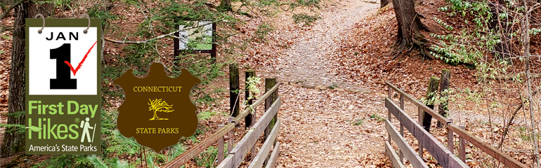 Header image of hiking trail with CT State Parks sign