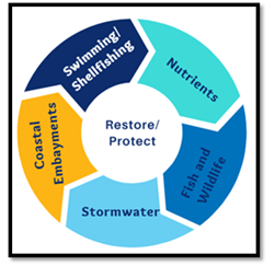 diagram of topics that were chosen for IWPM1.Restoration and Protection Plans for Swimming and shellfishing,Nutrients in Lakes and Embayments, Fish and Wildlife health