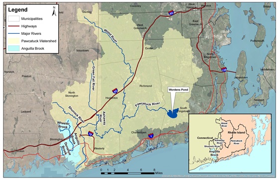 Study area of the Pawcatuck Watershed including Anguilla Brook. 