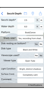 A screenshot of the Lake Observer mobile app secchi depth data entry screen.