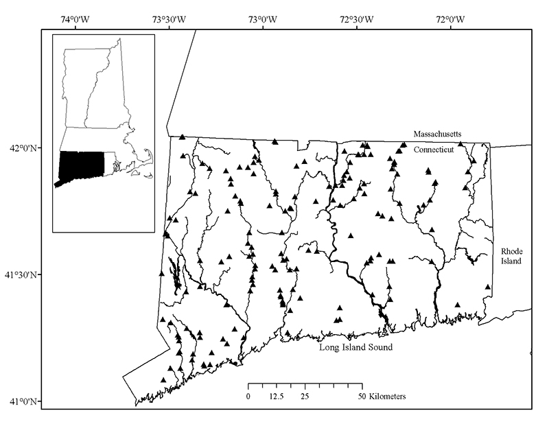 A graphic shows a map of all locations used to determine stream temperature classes in Connecticut.