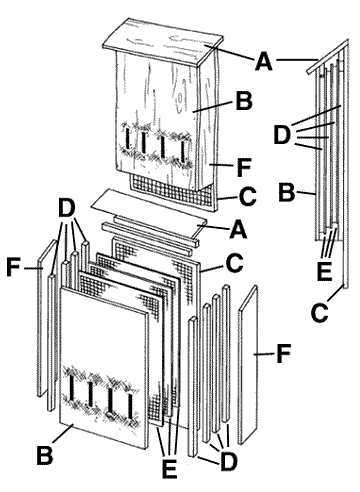Illustration of the pieces used to construct a large bat house.