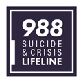 Navy square graphic with text "988 Suicide & Crisis Lifeline"