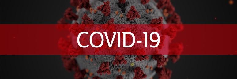 Black, gray and red image of a virus with the text COVID-19 