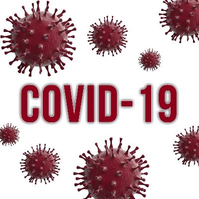 Image of red virus cells with the text "COVID-19"