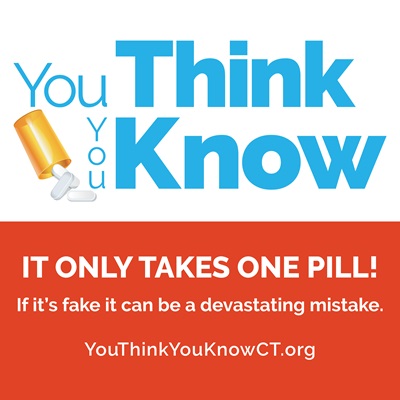 Image of pills coming out pill bottle with the text "You Think You Know...It only takes one pill!"