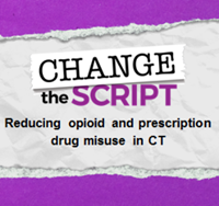 Change the Script logo with the words "Reducing opioid and prescription drug misuse in CT"