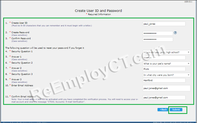 the Create User ID and Password screen
