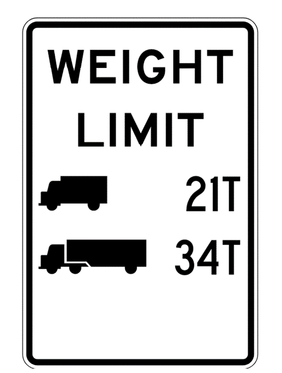 Black and White Weight Limit Sign showing small truck 21 tons and larger truck 34 tons