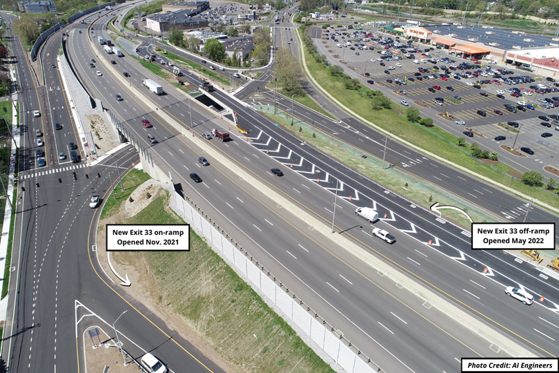Aerial photo of Interstate 95 Exit 33 Interchange in Stratford showing new on and off ramps recently constructed