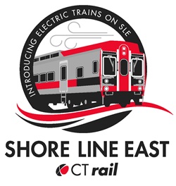 A picture of a red, black, and grey M8 Electric Train riding over the Shore Line East and CTrail logo