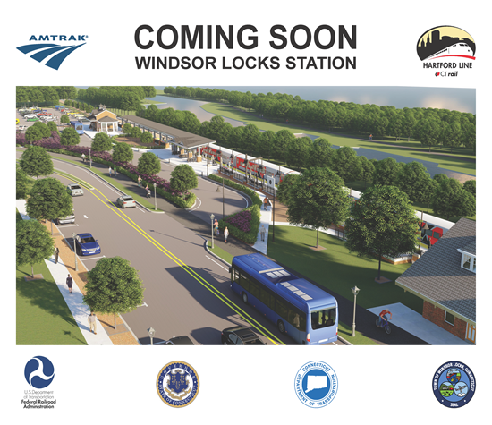 Rendering of the new Windsor Locks station. Amtrak and Hartford Line logos are on top, Federal Rail Adminstration, Governor of Connecticut, CT Department of Transportation, and Town of Windsor Locks logos across the bottom.