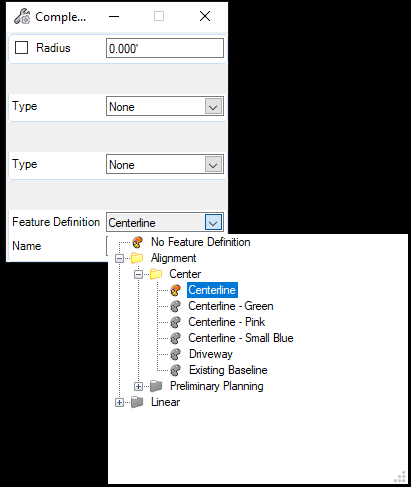 Select a Feature Definition Horizontal Geometry - OpenRoads Dialog Box