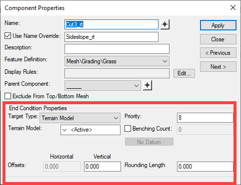 End Condition Priority - Component Properties Create Template Dialog Box