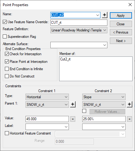 End Condition Toggles - Point Properties Create Template Dialog Box