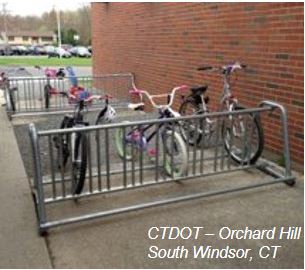 Photo of bike rack with children's bicycles at Orchard Hill School in South Windsor CT 