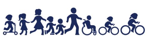 Image of children and adults on scooter, roller skates, walking, in a wheelchair and on bikes. 