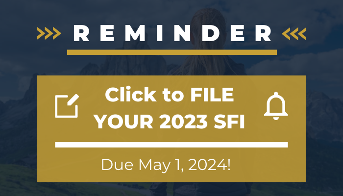 Reminder to file 2023 SFI by May 1, navy and gold text graphic