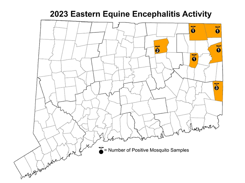 Map of Connecticut showing activity of eastern equine encephalitis in 2023.