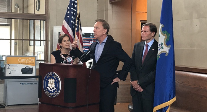 Governor Lamont, Lt. Governor Bysiewicz, and Senator Blumenthal at Union Station in New Haven