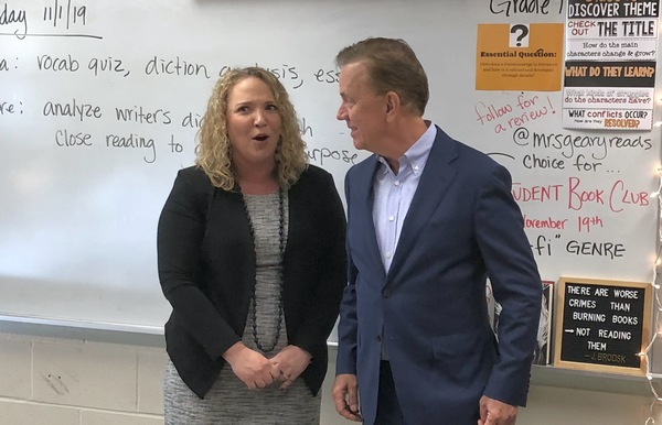 Governor Ned Lamont makes a surprise visit to Meghan Hatch-Geary's classroom at Woodland Regional High School to announce that she is Connecticut's 2020 Teacher of the Year.